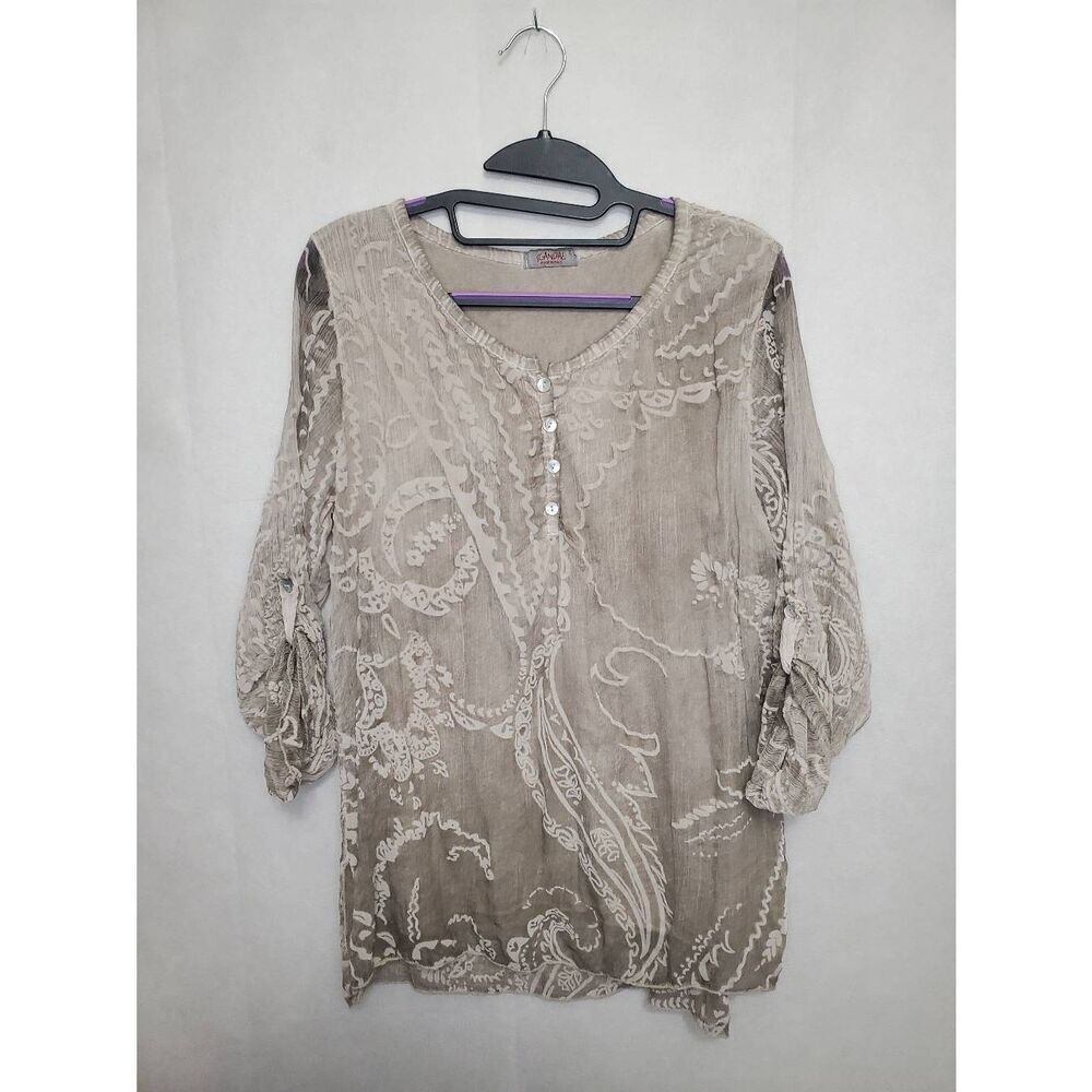 Scandal Italian Silk Lagenlook Neutral Embellished Roll Tab Sleeve Tunic Top